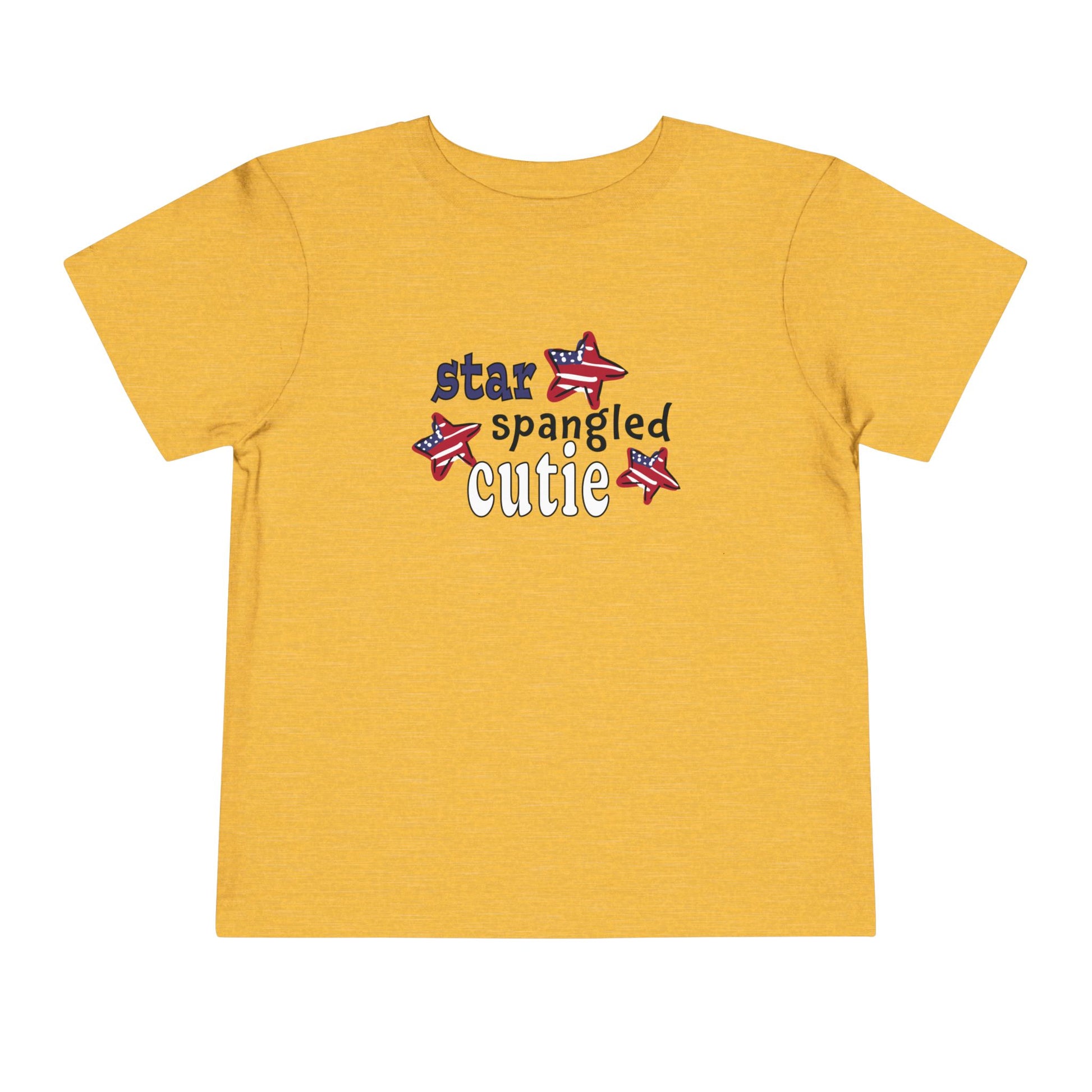 Bright yellow toddler t-shrit laying flat with typography and patriotic stars, t-shirt says "star spangled cutie"