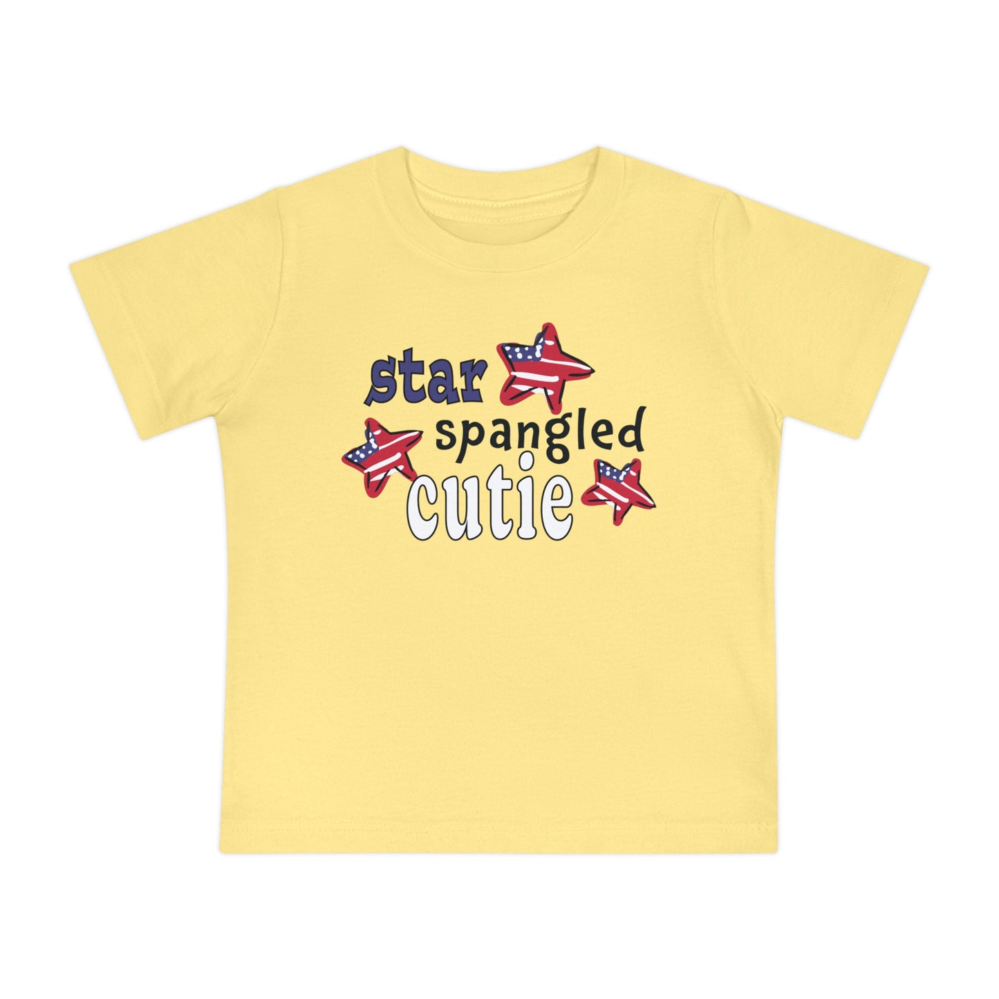 Light yellow Baby t-shrit laying flat with typography and patriotic stars, t-shirt says "star spangled cutie"