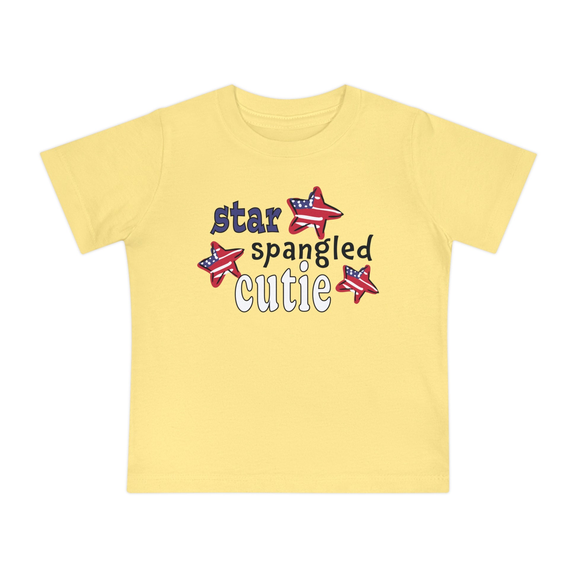 Light yellow Baby t-shrit laying flat with typography and patriotic stars, t-shirt says "star spangled cutie"