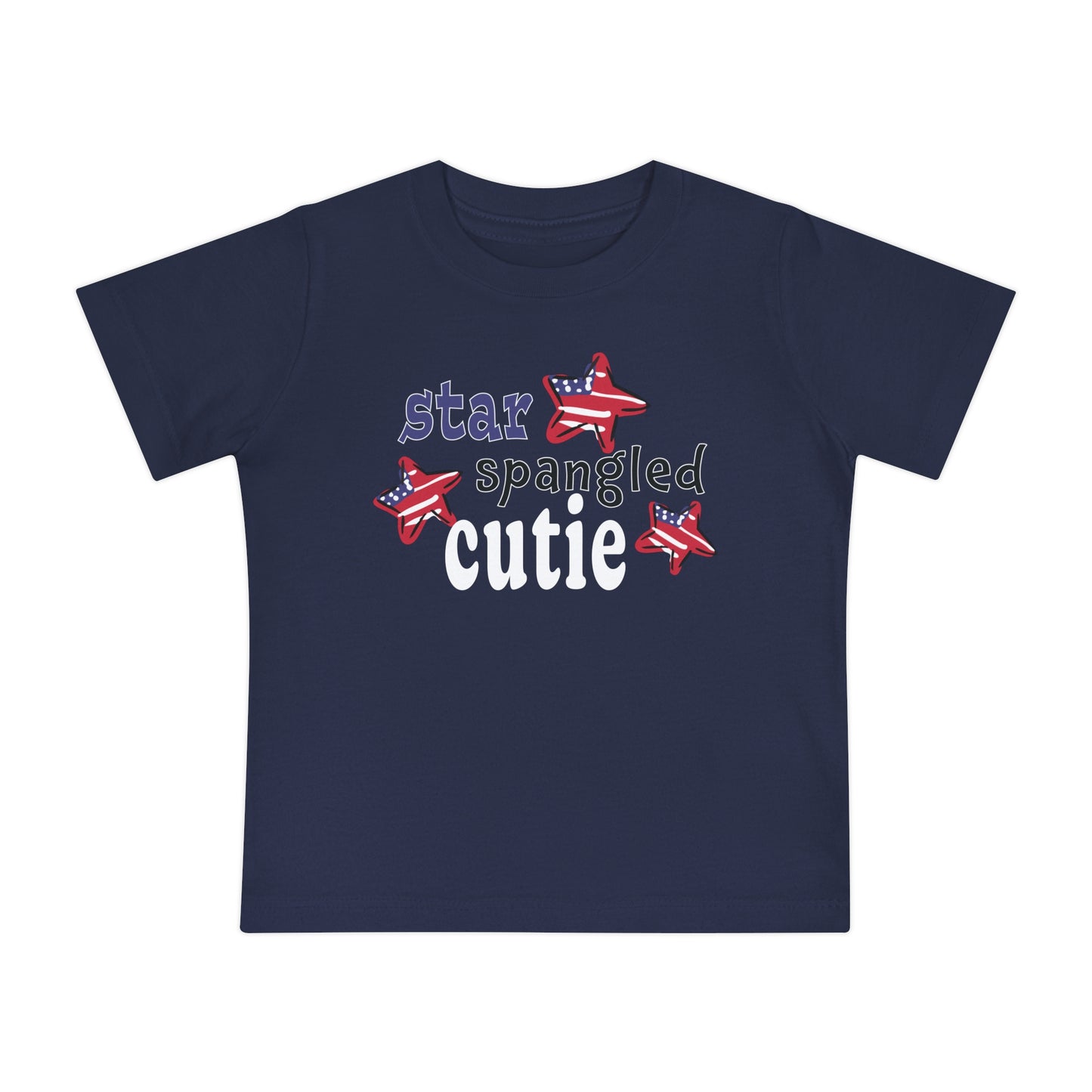 Navy Baby t-shrit laying flat with typography and patriotic stars, t-shirt says "star spangled cutie"