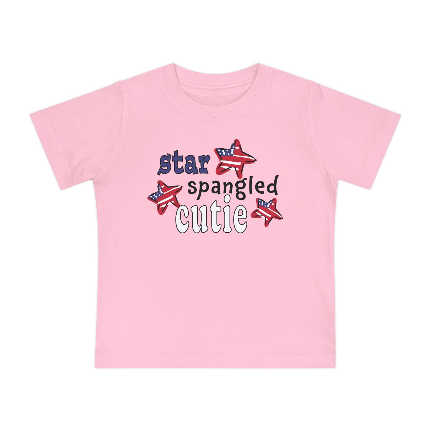 Pink Baby t-shrit laying flat with typography and patriotic stars, t-shirt says "star spangled cutie"
