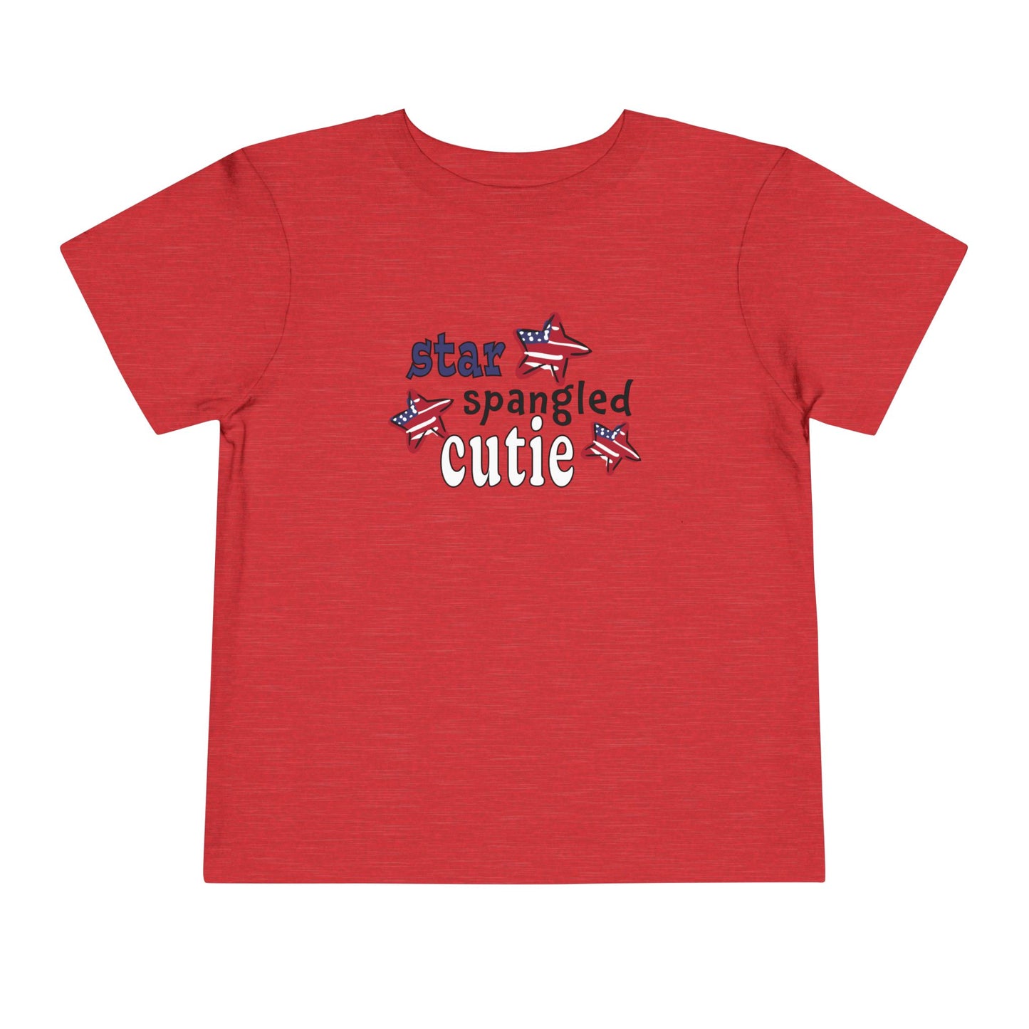 Red toddler t-shrit laying flat with typography and patriotic stars, t-shirt says "star spangled cutie"