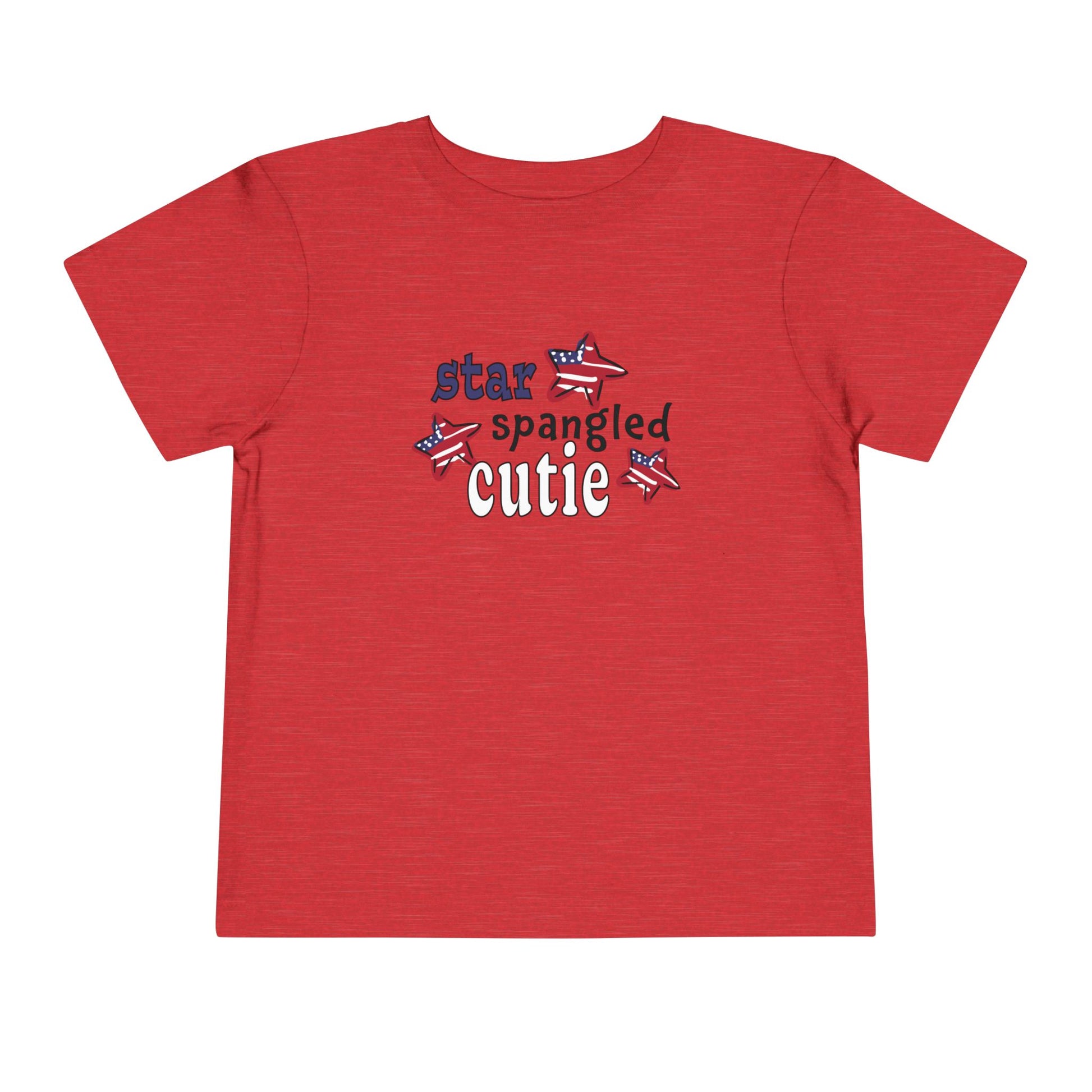 Red toddler t-shrit laying flat with typography and patriotic stars, t-shirt says "star spangled cutie"