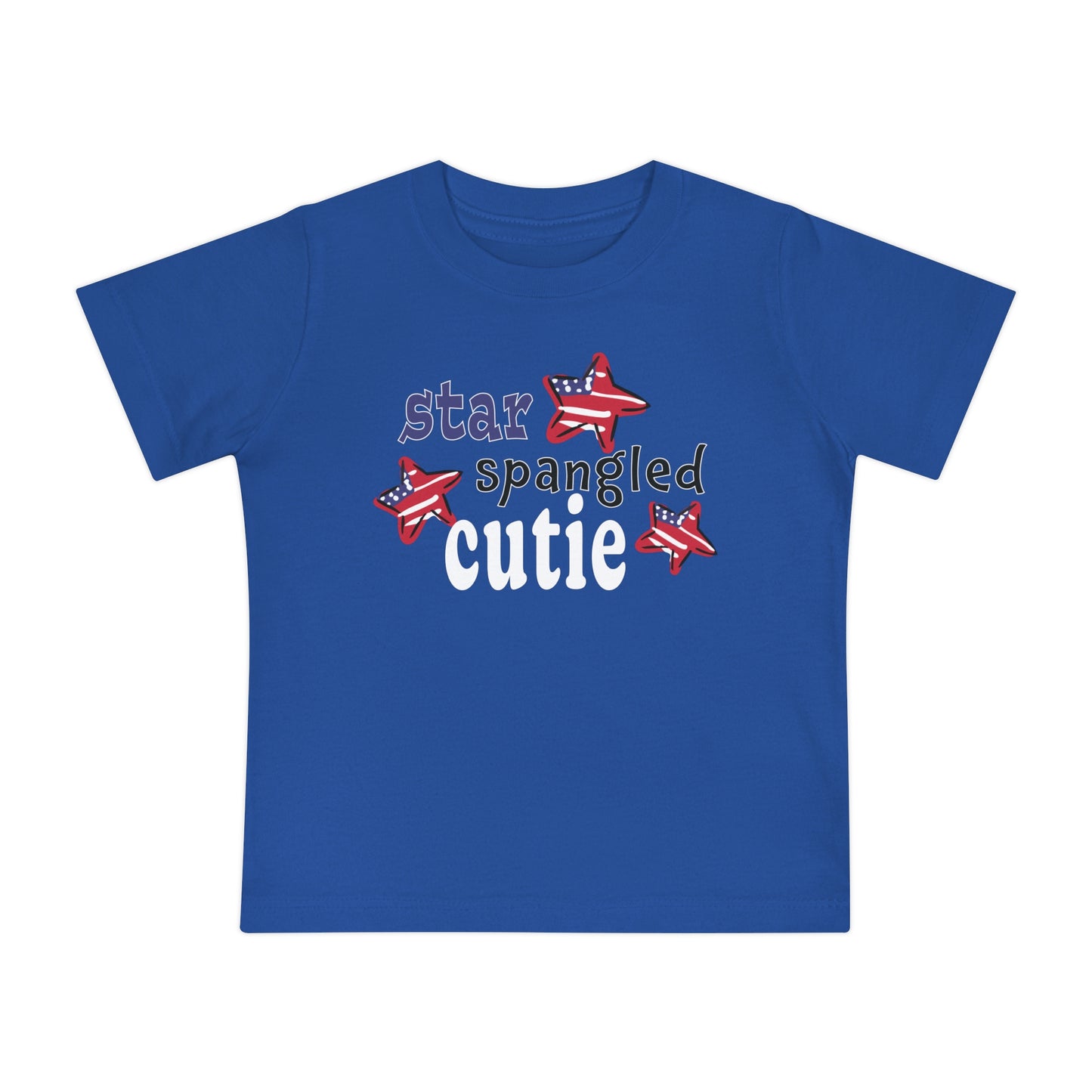 True Royal Baby t-shrit laying flat with typography and patriotic stars, t-shirt says "star spangled cutie"
