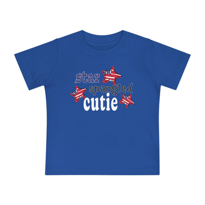 True Royal Baby t-shrit laying flat with typography and patriotic stars, t-shirt says "star spangled cutie"