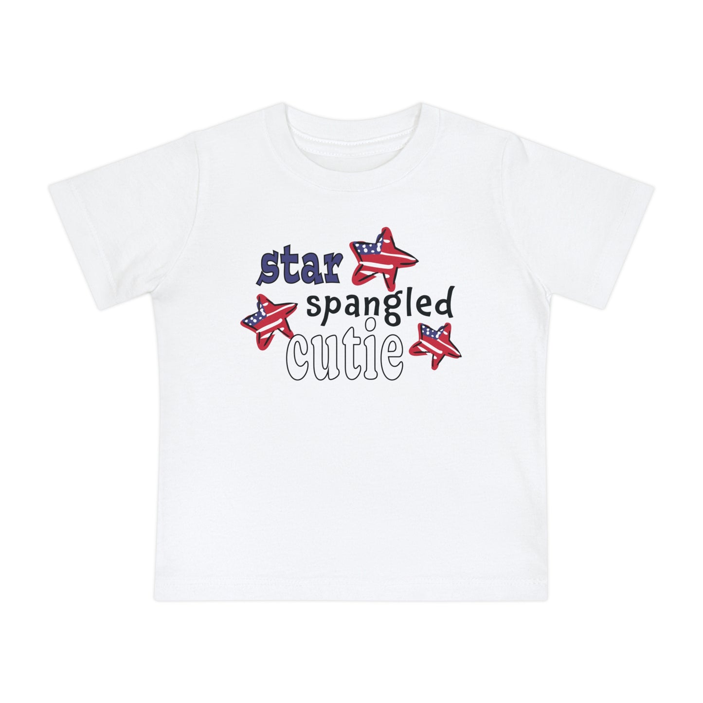 White Baby t-shrit laying flat with typography and patriotic stars, t-shirt says "star spangled cutie"