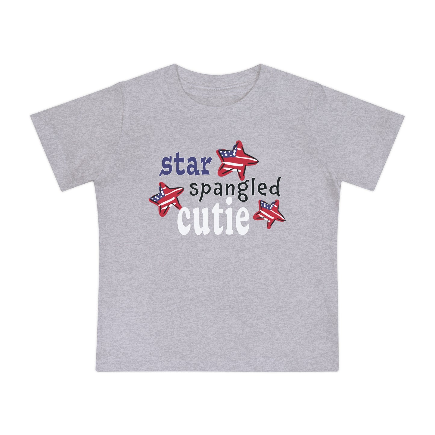 Athletic heather Baby t-shrit laying flat with typography and patriotic stars, t-shirt says "star spangled cutie"