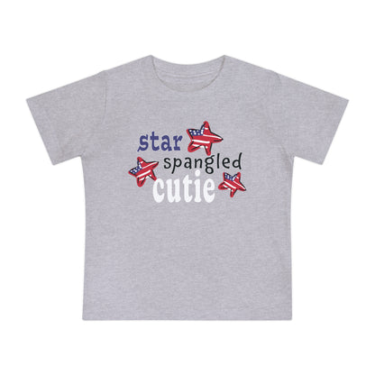 Athletic heather Baby t-shrit laying flat with typography and patriotic stars, t-shirt says "star spangled cutie"