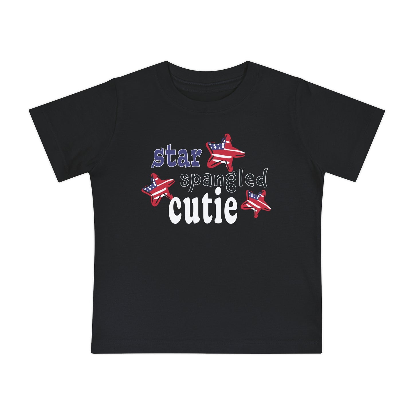 Black Baby t-shrit laying flat with typography and patriotic stars, t-shirt says "star spangled cutie"