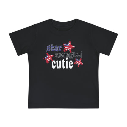 Black Baby t-shrit laying flat with typography and patriotic stars, t-shirt says "star spangled cutie"