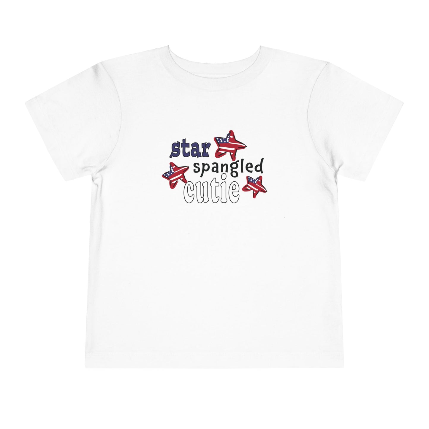 White toddler t-shrit laying flat with typography and patriotic stars, t-shirt says "star spangled cutie"