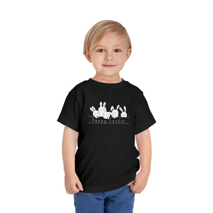 Toddler wearing "Happy Easter" black t-shirt with fluffy  bunnies design