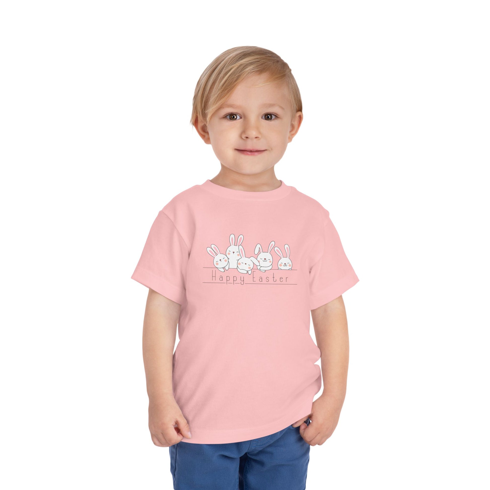 Toddler wearing "Happy Easter" pink t-shirt with fluffy  bunnies design