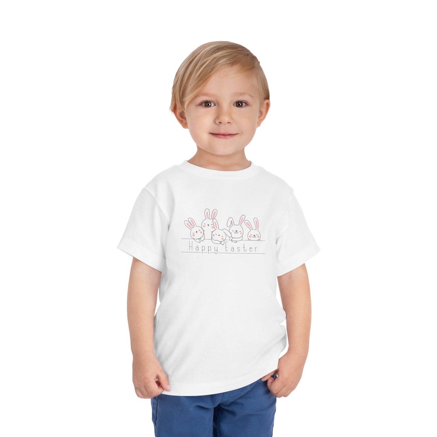 Toddler wearing "Happy Easter"  white t-shirt with fluffy  bunnies design
