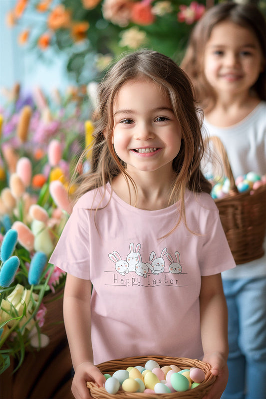 "Happy Easter" toddler pink t-shirt with fluffy  bunnies design