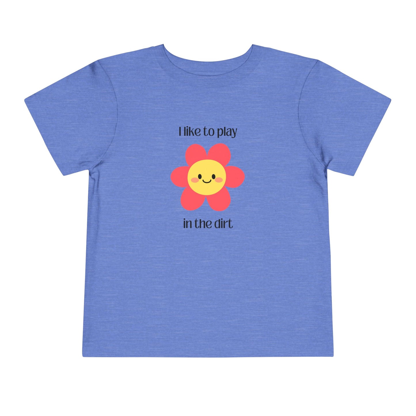 Heather Columbia Blue toddler I like to play in the dirt flower tee with toddler posing