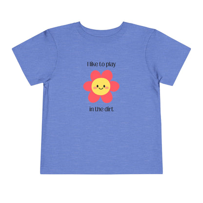 Heather Columbia Blue toddler I like to play in the dirt flower tee with toddler posing
