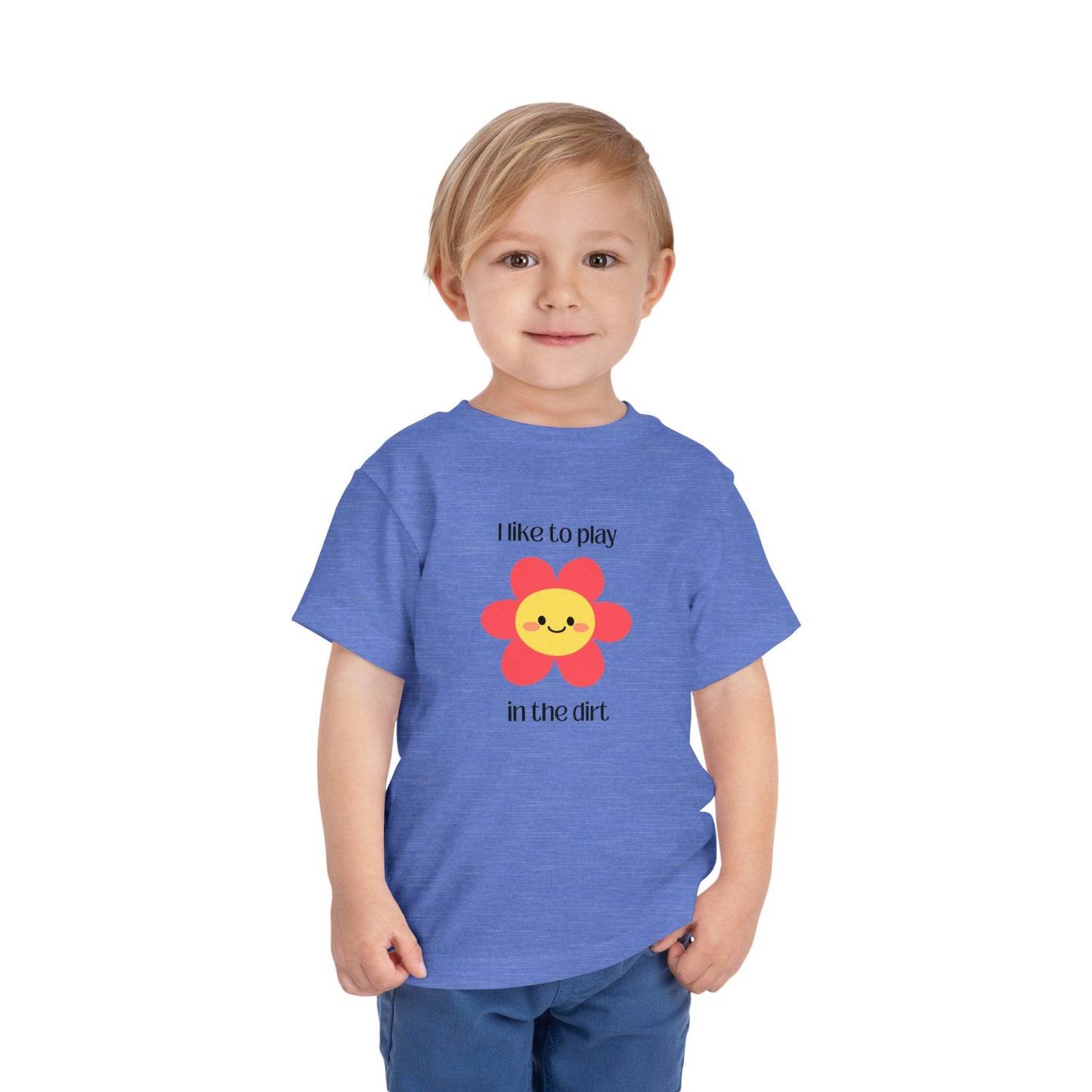 Heather Columbia Blue toddler I like to play in the dirt flower tee with toddler posing