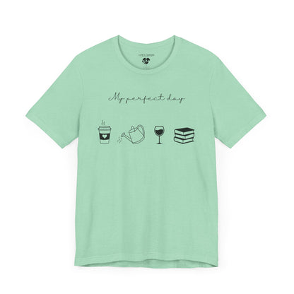 Heather Mint flat "My perfect day"  t-shirt with coffee, water can, wine, and book icons