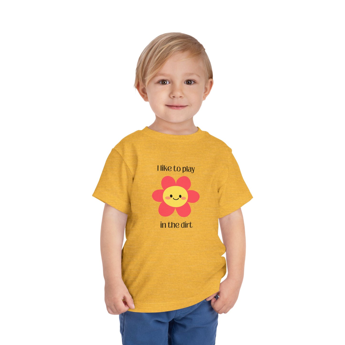 Heather yellow I like to play in the dirt flower tee with toddler posing