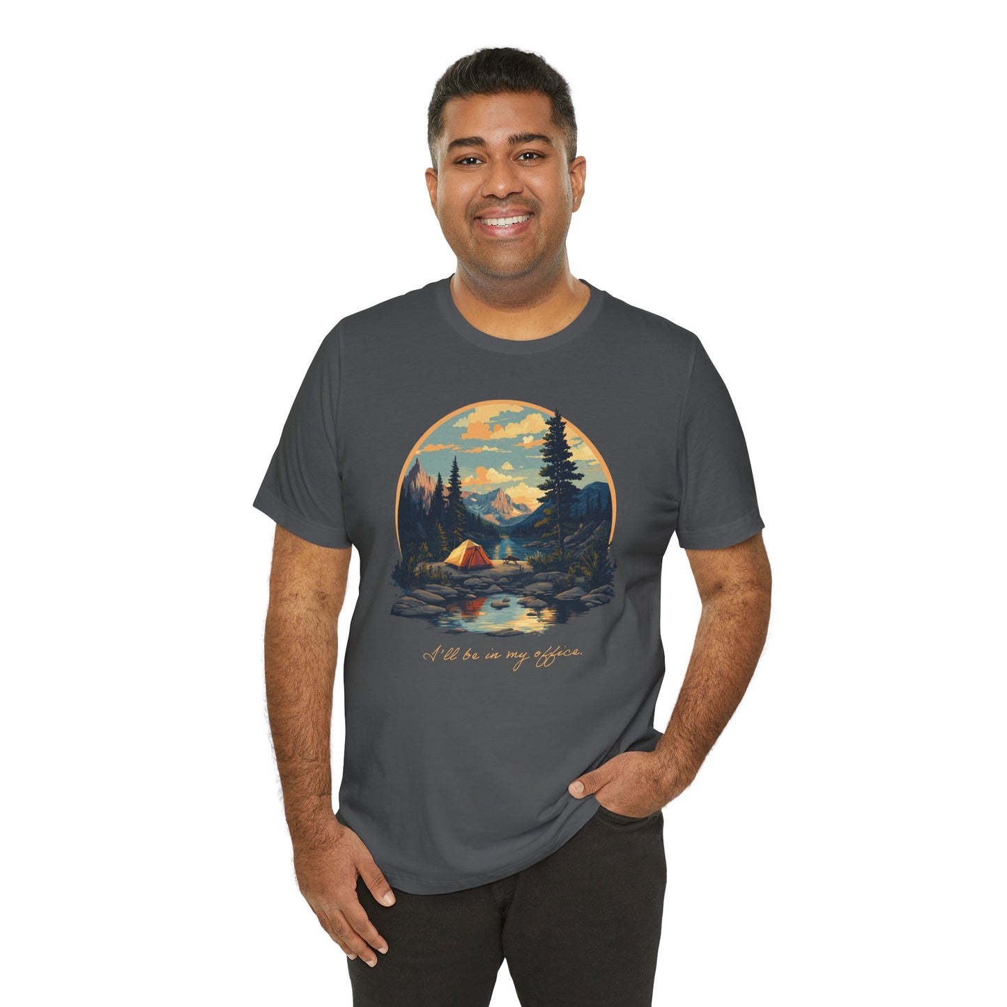 Retro camping landscape t-shirt with tent and mountains"I'll be in my office" in Asphalt on model