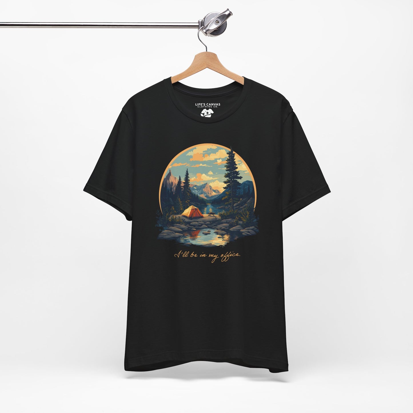 Retro camping landscape t-shirt with tent and mountains"I'll be in my office" in black laying flat