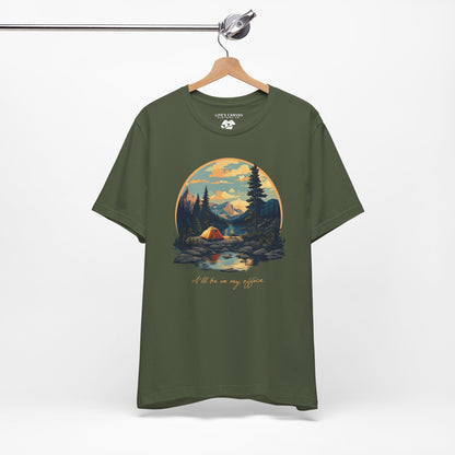 Retro camping landscape t-shirt with tent and mountains"I'll be in my office" in military green on a hanger