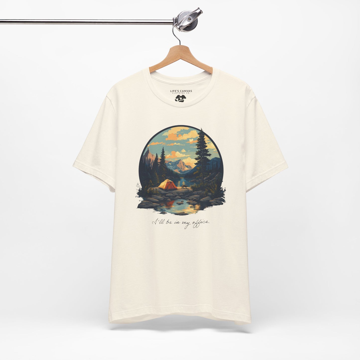 Retro camping landscape t-shirt with tent and mountains"I'll be in my office" in natural laying flat