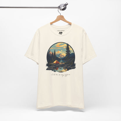 Retro camping landscape t-shirt with tent and mountains"I'll be in my office" in natural laying flat