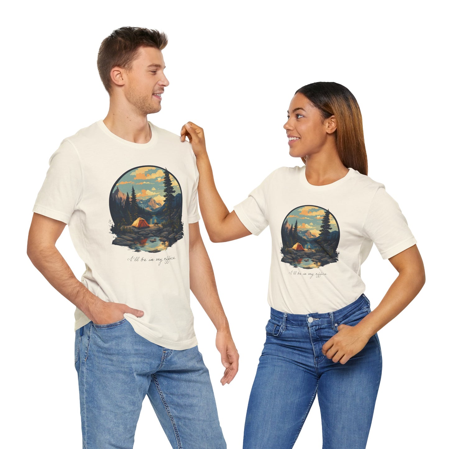 Retro camping landscape t-shirt with tent and mountains"I'll be in my office" in natural on models