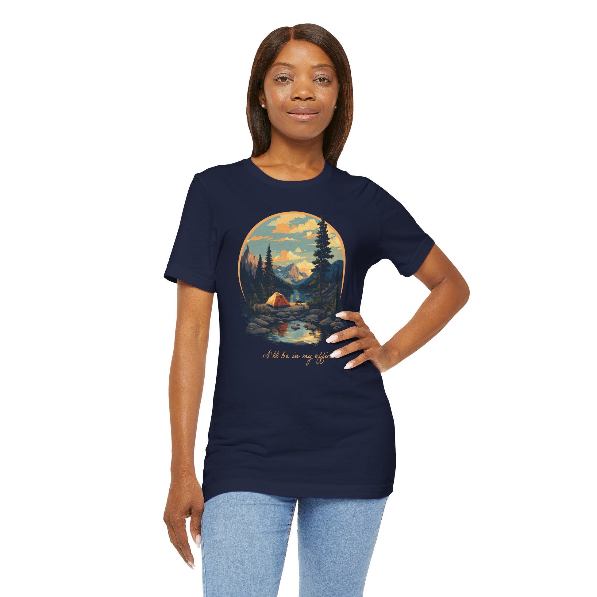 Retro camping landscape t-shirt with tent and mountains"I'll be in my office" in navy on a model