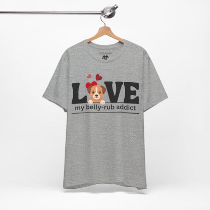“LOVE My Belly-Rub Addict” t-shirt with puppy peeking out, on a hanger  in Athletic Heather