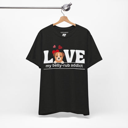 “LOVE My Belly-Rub Addict” t-shirt with puppy peeking out, on a hanger  in Black Heather
