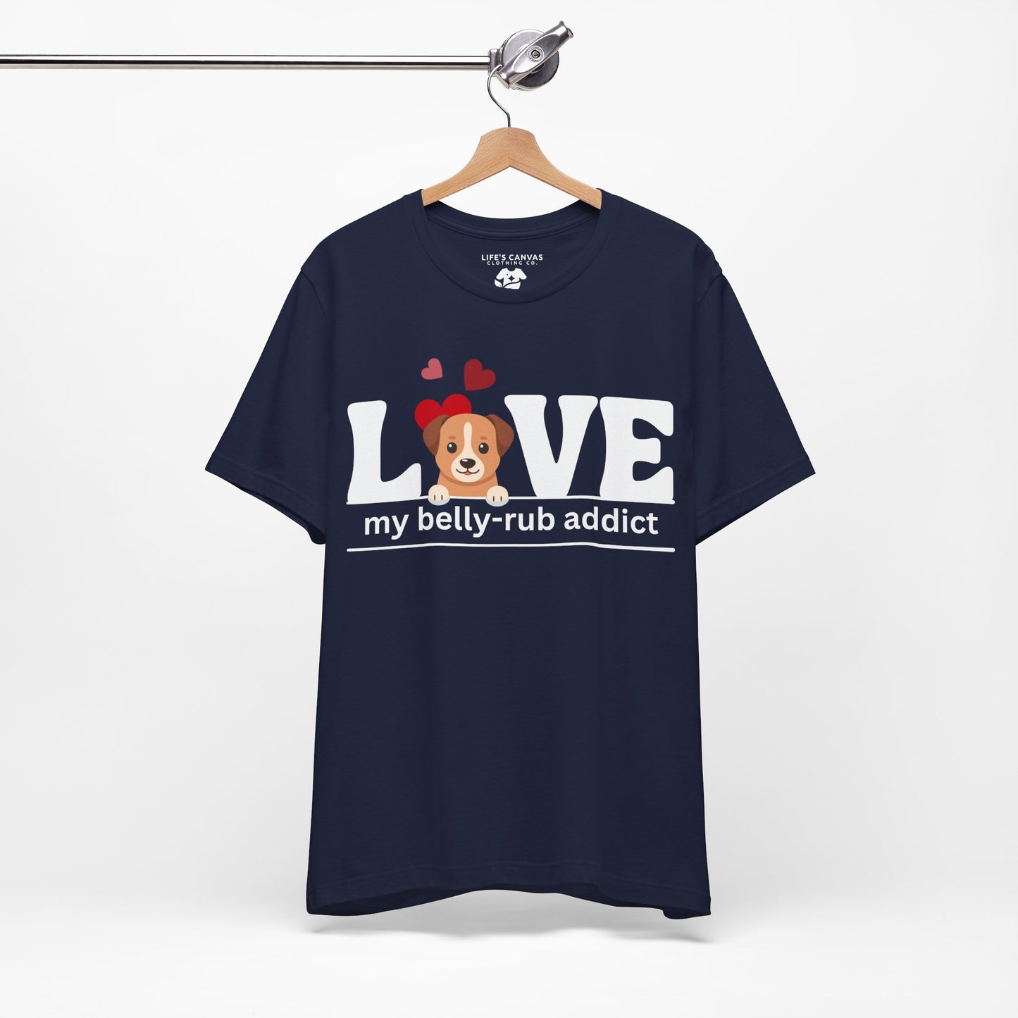 “LOVE My Belly-Rub Addict” t-shirt with puppy peeking out, on a hanger  in Navy