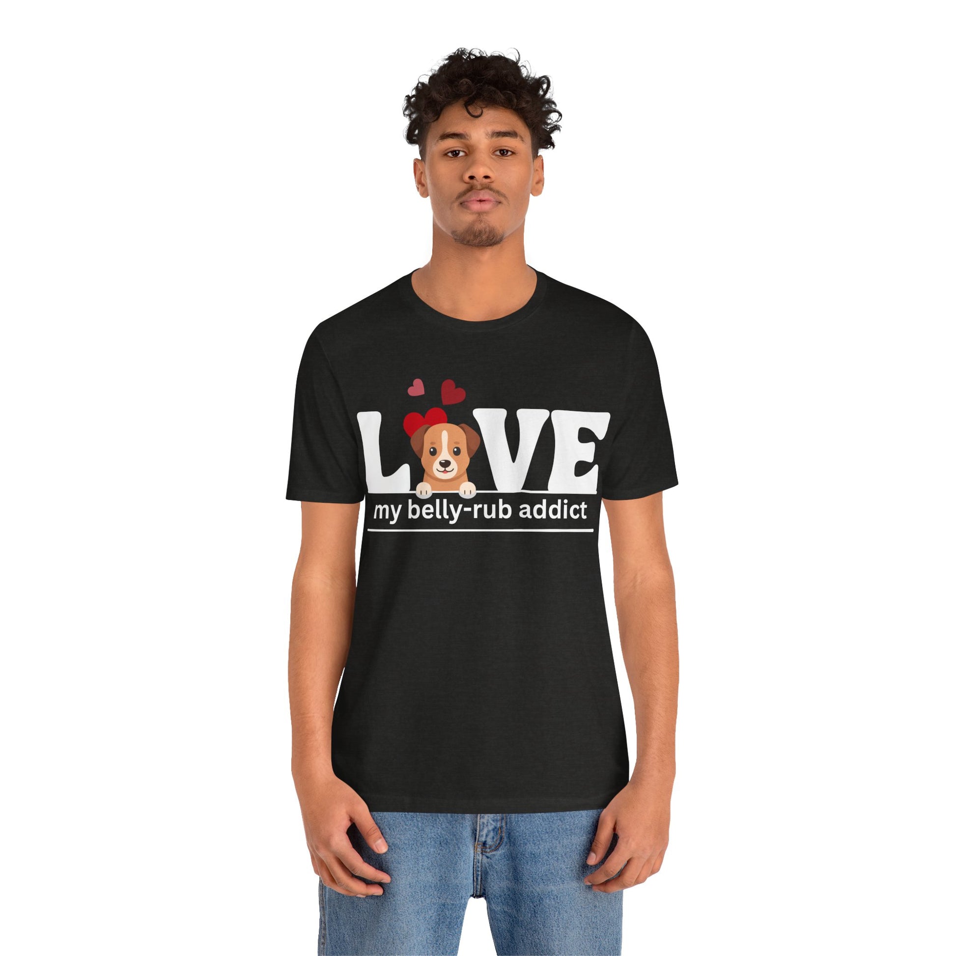 “LOVE My Belly-Rub Addict” t-shirt with puppy peeking out, on a model  in Black