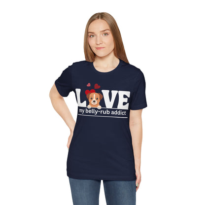 “LOVE My Belly-Rub Addict” t-shirt with puppy peeking out, on a model  in Navy