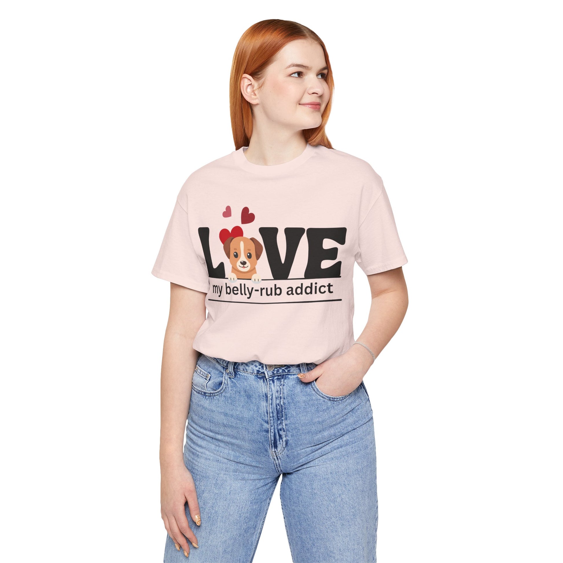 “LOVE My Belly-Rub Addict” t-shirt with puppy peeking out, on a model  in Soft Pink