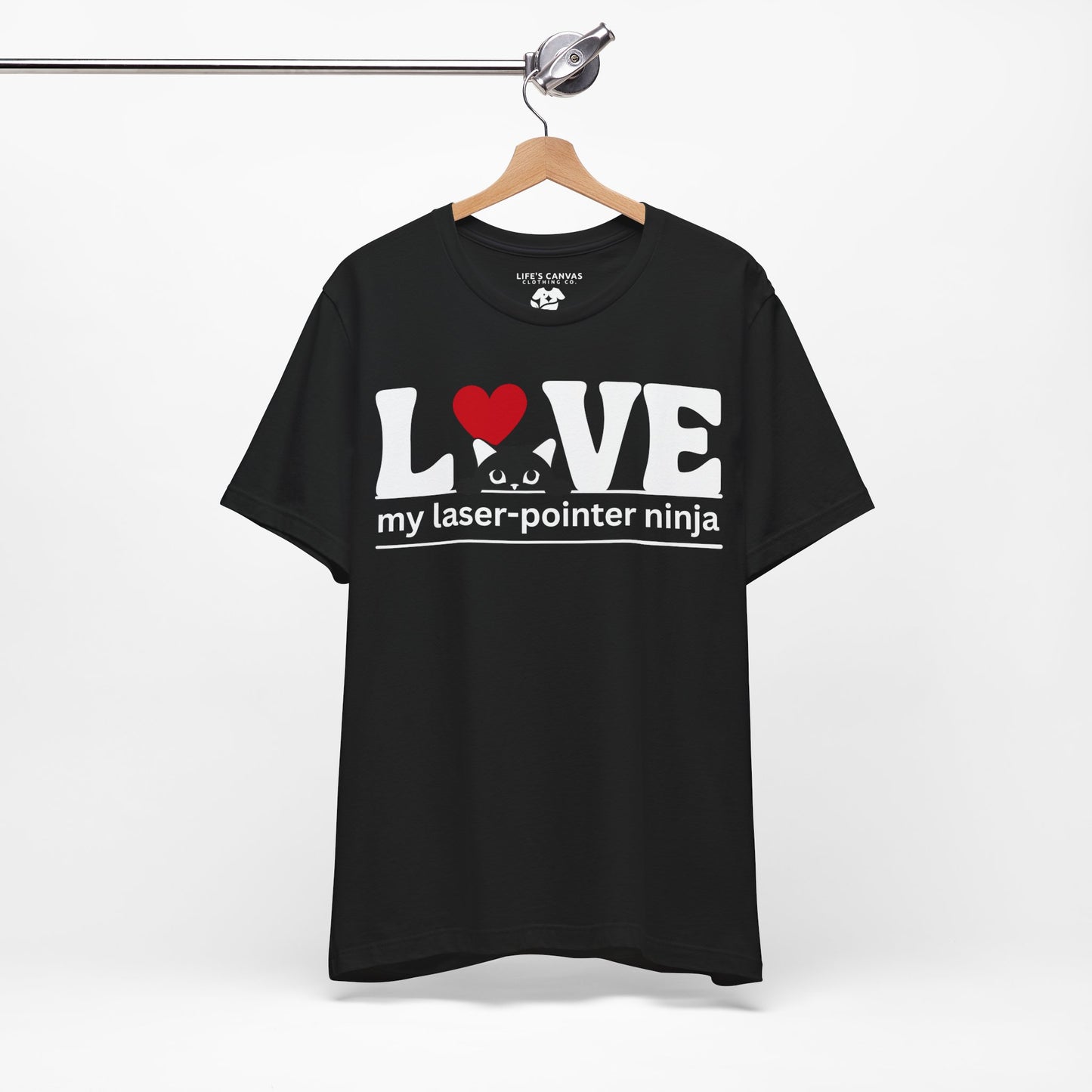 LOVE My Laser-Pointer Ninja Black colored shirt on a hanger
