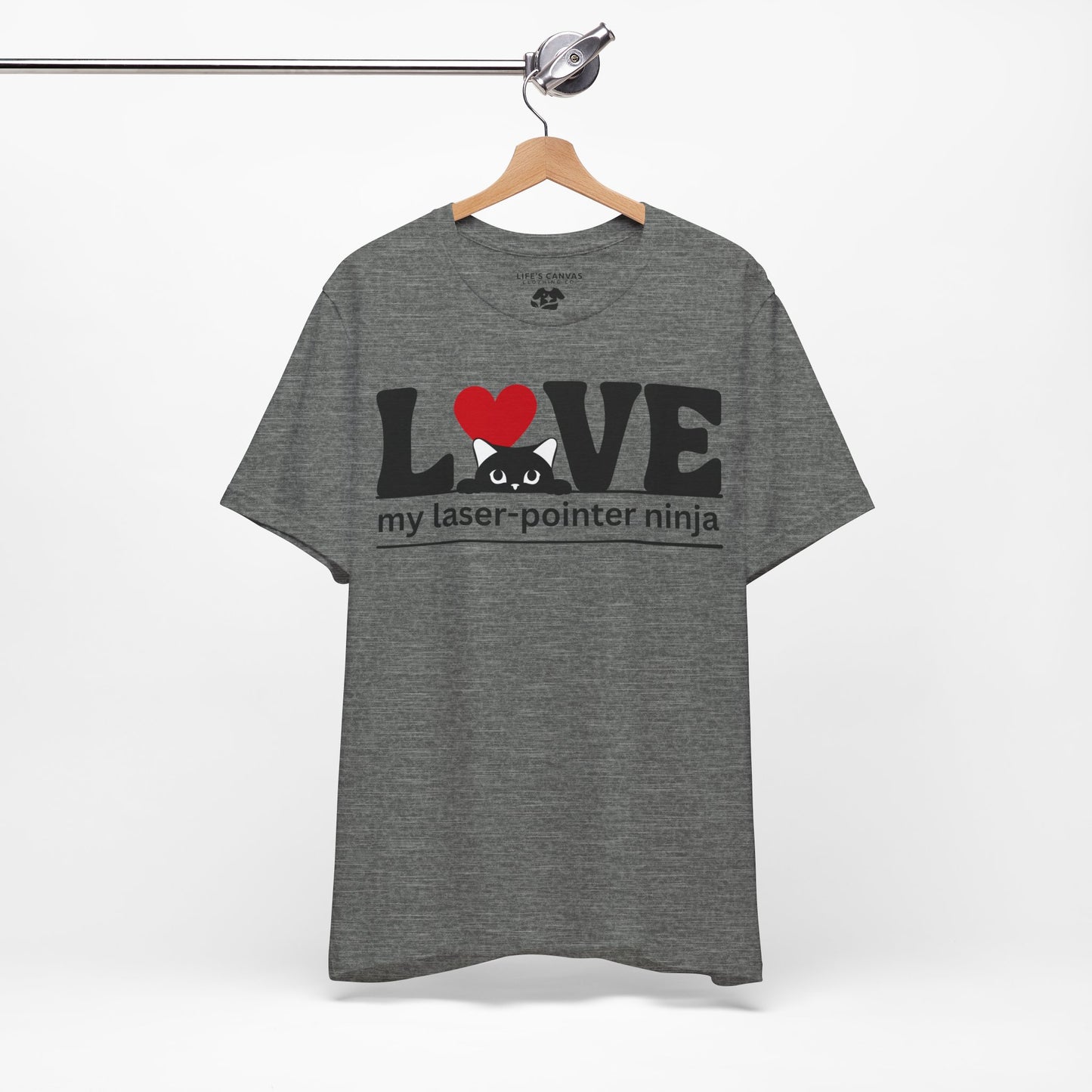 LOVE My Laser-Pointer Ninja Deep Heather colored shirt on a hanger