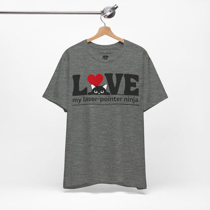 LOVE My Laser-Pointer Ninja Deep Heather colored shirt on a hanger