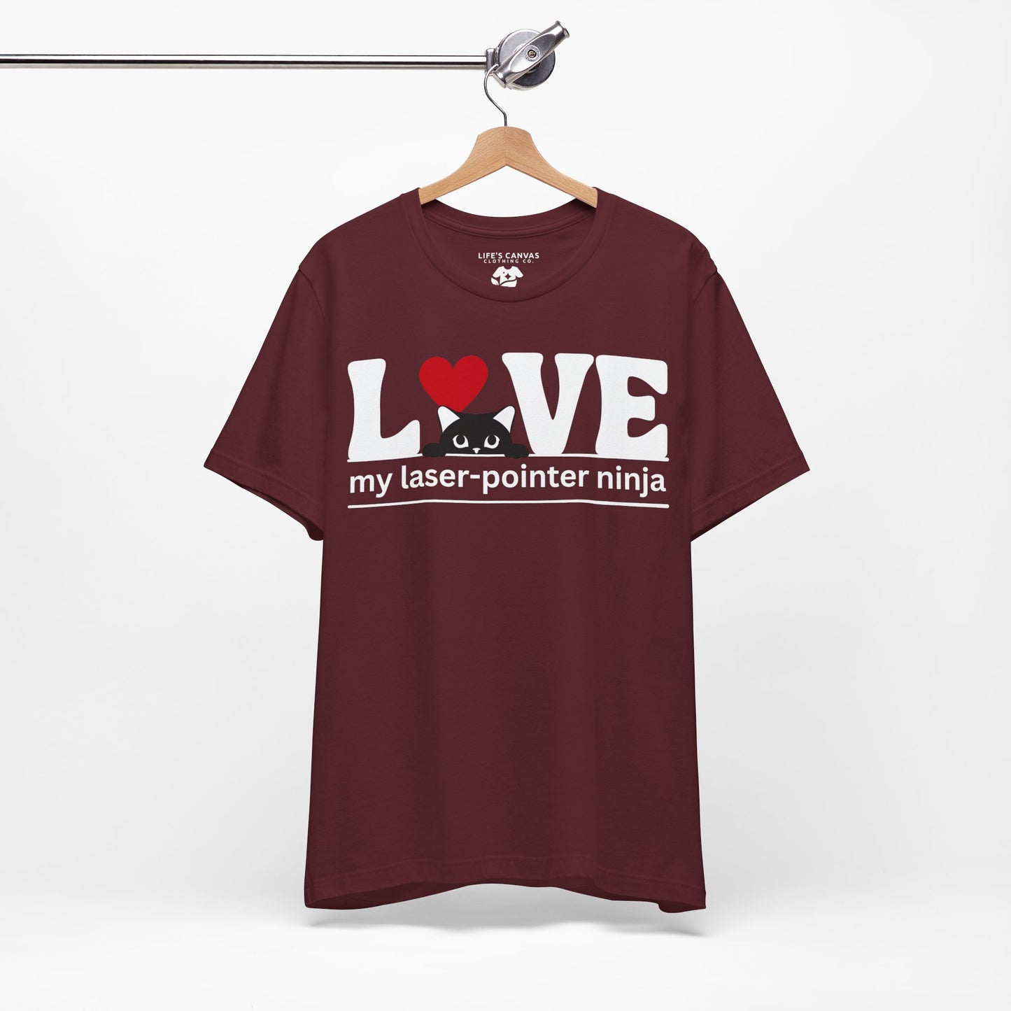 LOVE My Laser-Pointer Ninja Maroon colored shirt on a hanger