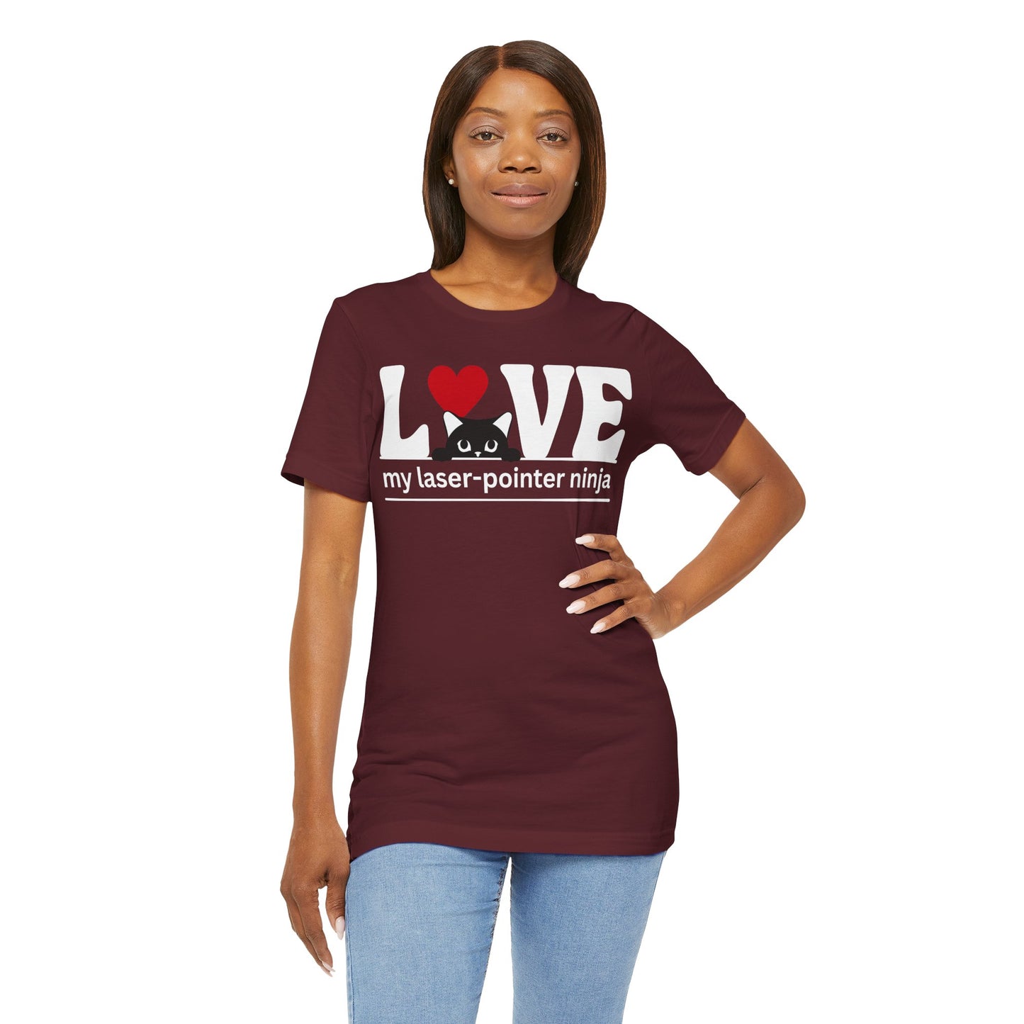 LOVE My Laser-Pointer Ninja Maroon colored shirt on model