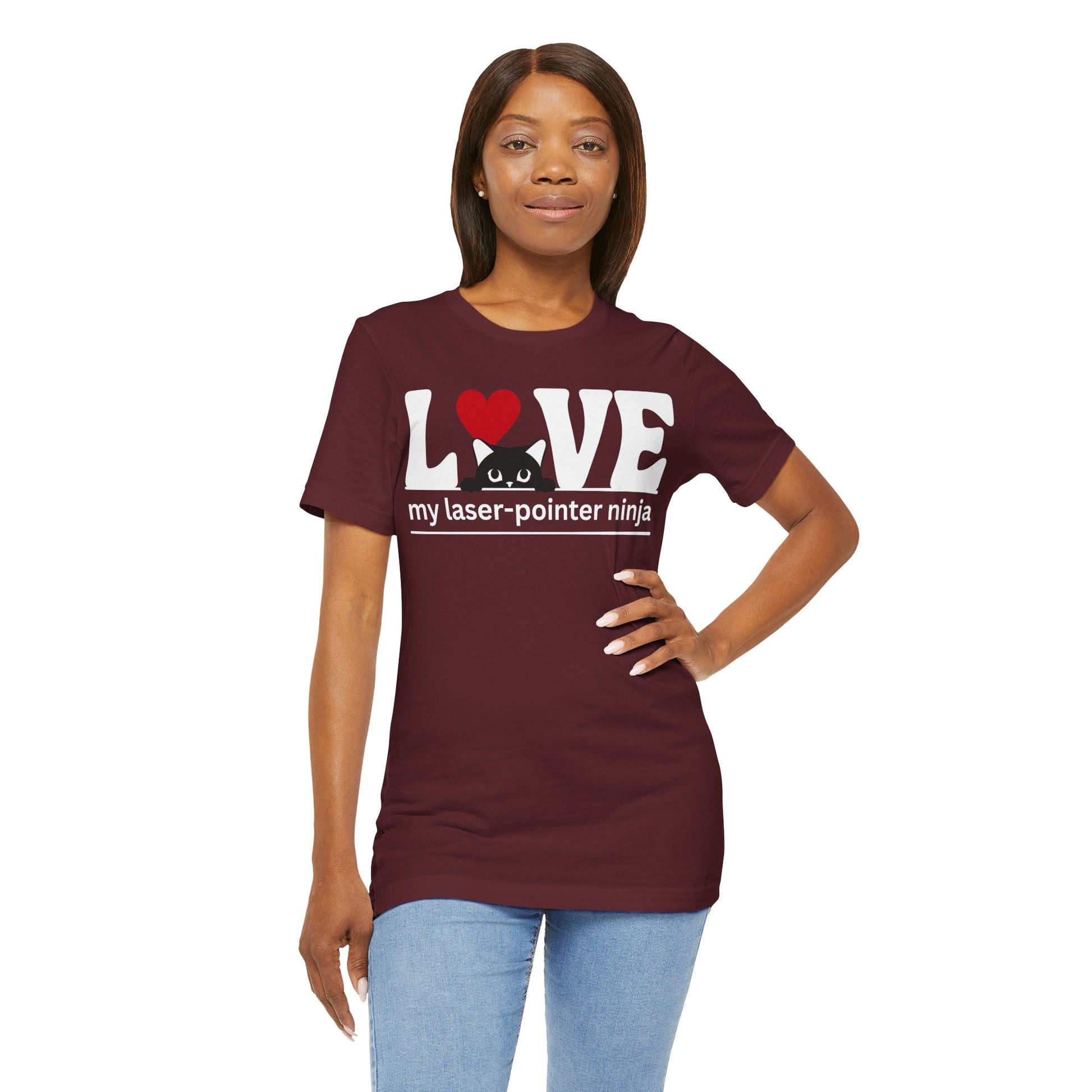LOVE My Laser-Pointer Ninja Maroon colored shirt on model