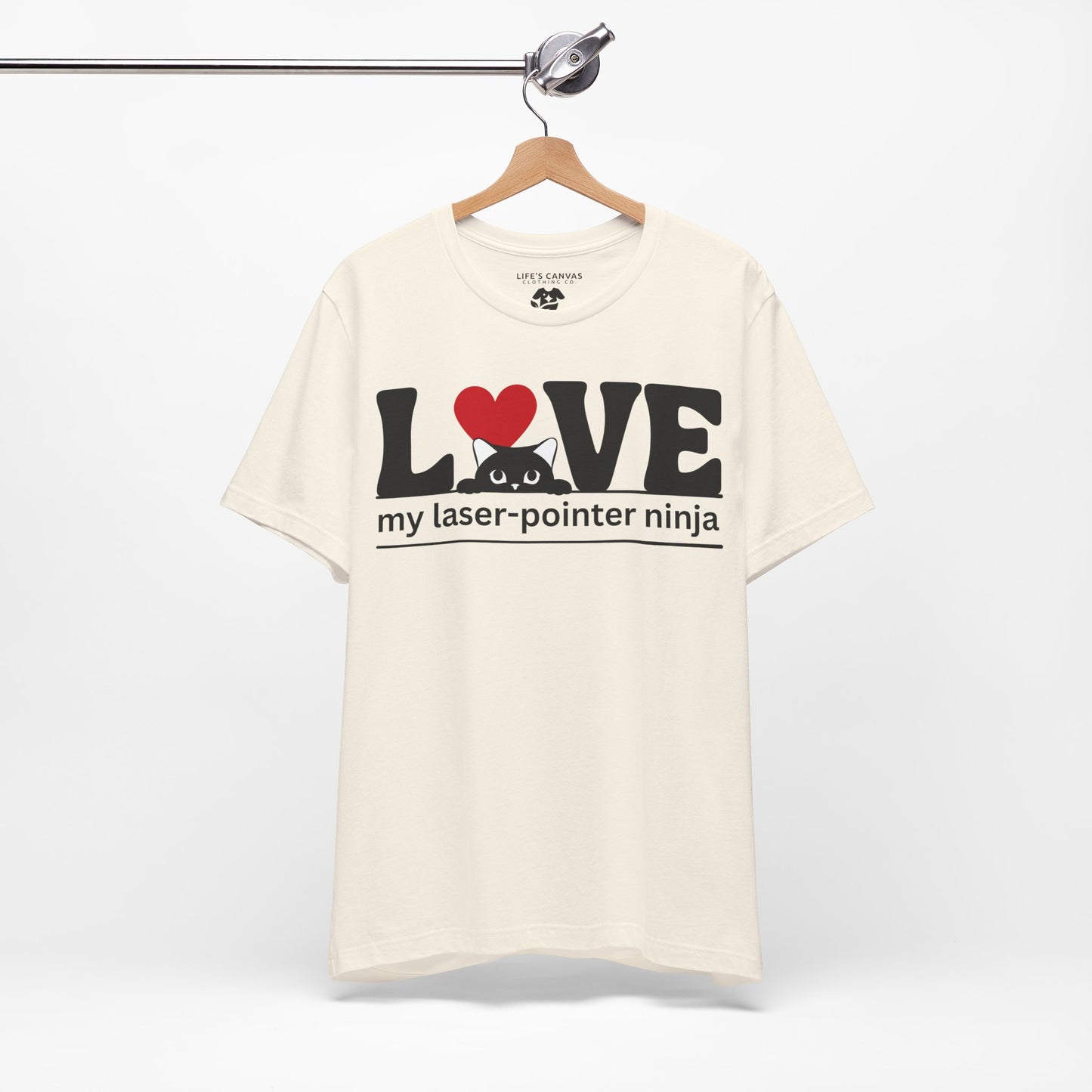 LOVE My Laser-Pointer Ninja Natural colored shirt on a hanger