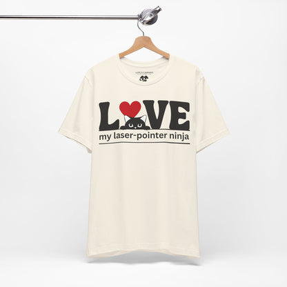 LOVE My Laser-Pointer Ninja Natural colored shirt on a hanger
