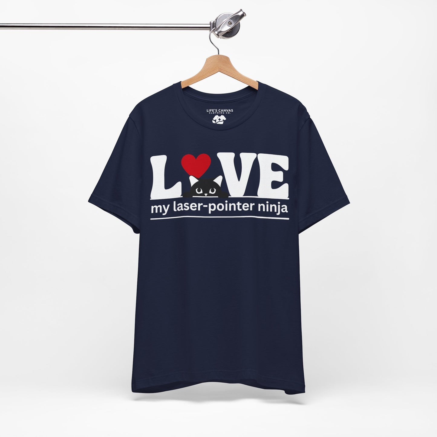 LOVE My Laser-Pointer Ninja Navy colored shirt on a hanger