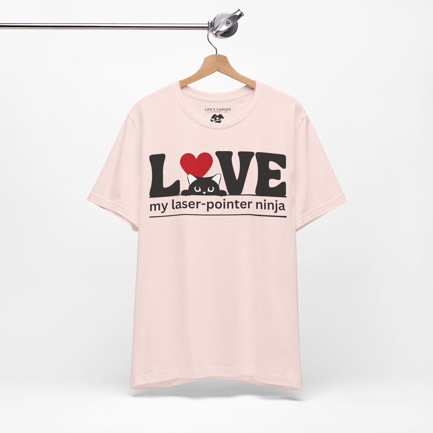 LOVE My Laser-Pointer Ninja Soft Pink colored shirt on a hanger