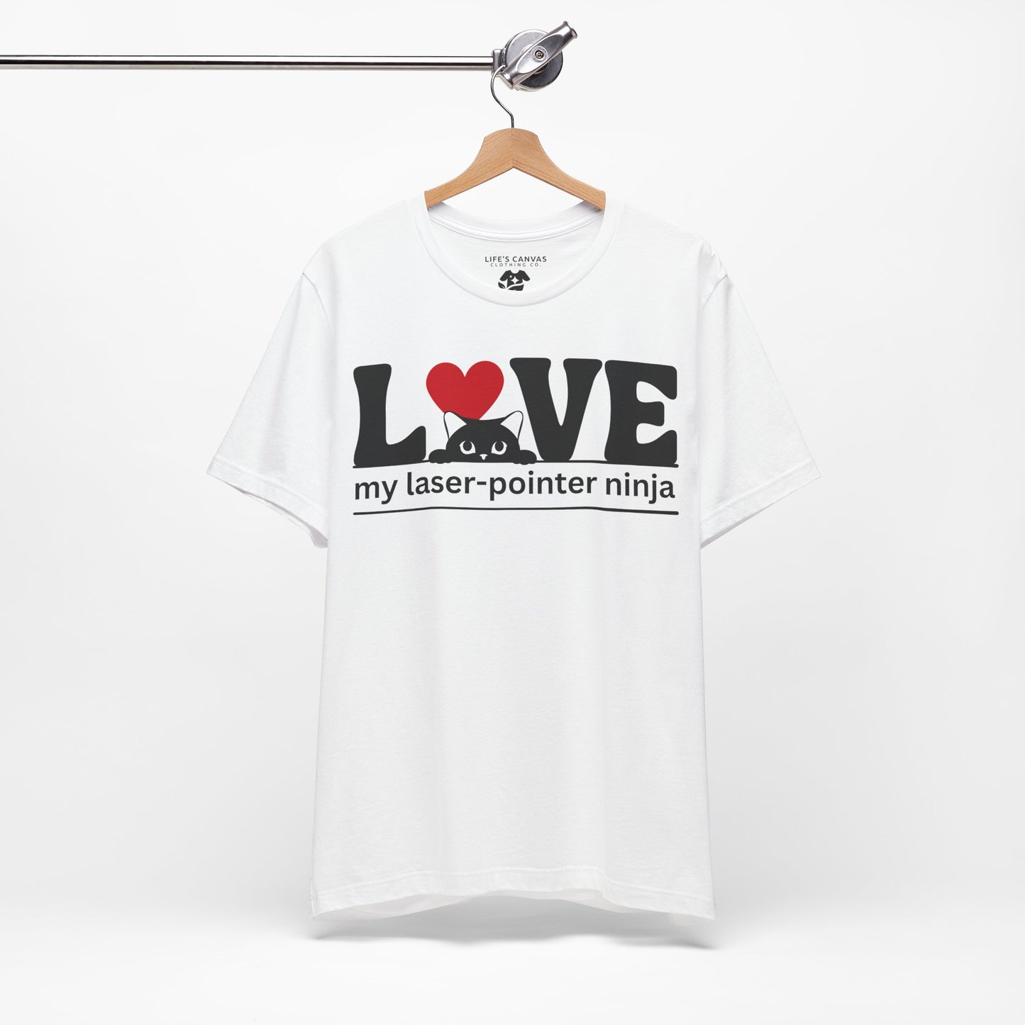 LOVE My Laser-Pointer Ninja White colored shirt on a hanger