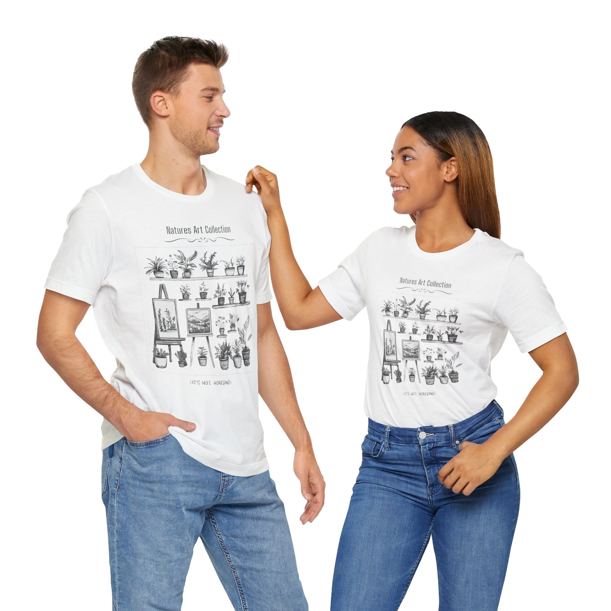 Male and female friends wearing Unisex white t-shirt for "Natures Art Collection- not hoarding" .