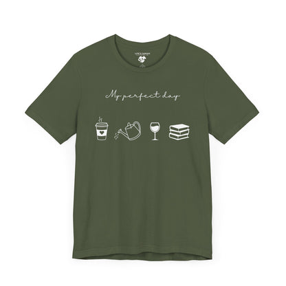 Military Green flat "My perfect day"  t-shirt with coffee, water can, wine, and book icons